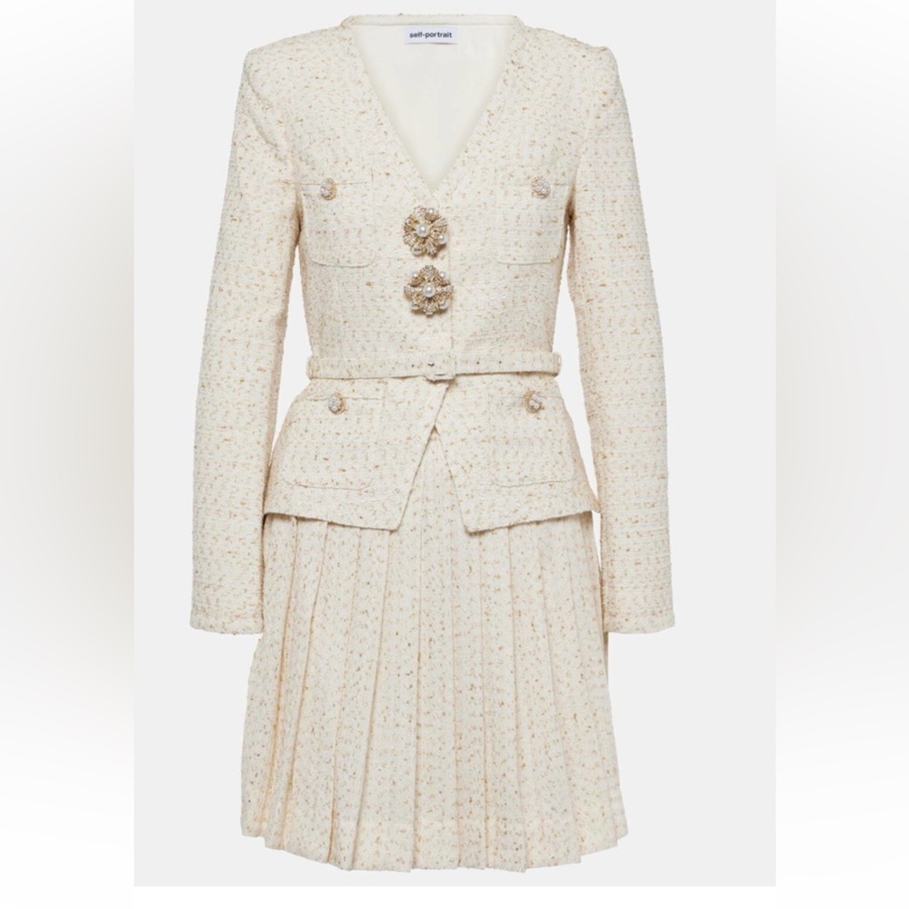 Self Portrait Cream Metallic Boucle Mini Jacket Dress